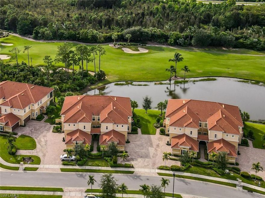 1st floor Coach home on premium lot overlooking Hurdzan-Fry designed championship golf course, a gorgeous lake, and Wildlife Preserve. This home features 1694 sq. ft., 8 foot doors and 10’ ceilings, 2 bedrooms w/walk-in closets plus a third bedroom/office, 2 full baths including the master bath with an over-sized soaking tub, glass enclosed shower and a separate water closet, a laundry room. Kitchen with many cabinets and walk-in pantry, SS appliances, granite countertops throughout. This turn-key home is fully furnished with top-of-the-line Tommy Bahama & Lexington furniture, wool area rugs, new Kerastan carpeting in bedrooms & office, upgraded tile, crown molding throughout. Tommy Bahama ceiling fans w/remotes in all rooms including the lanai. Enjoy the large, screened-in lanai w/porcelain floor, Tropitone furniture, & StormSmart electric hurricane blinds (storm protection, shade, privacy, security).  Easy to open/close accordion hurricane shutters on all windows. Front door has a decorative insert w/high-impact glass. Home has a Smart thermostat, two Smart TVs (unique to this home is a 40” TV in dinette, & 60” TV) with DVRs, custom-made storage cabinets in the 2-car garage.