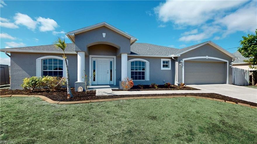 Move-in ready and ready for immediate occupancy! This well-maintained, 3-bedroom with den and formal dining/living room, split floor plan home in desirable NW Cape Coral offers peace of mind with major updates already completed, including a new Roof (2023), AC System (2021), and Water Heater (2022). The enclosed den with French doors provides a versatile private space perfect for a quiet home office, hobby room, toy room, etc. Inside, enjoy a bright, open layout enhanced by vaulted ceilings, fresh interior paint, and brand-new carpet, creating an airy and welcoming feel throughout the main living spaces. The kitchen features brand upgraded new stainless steel appliances and flows seamlessly into the living and dining areas, ideal for both everyday living and entertaining. Step outside to the screened-in lanai, overlooking a fully fenced backyard, perfect for pets or play. Additional features include a sprinkler system for easy lawn care and a reverse osmosis system for great-tasting water, and an as-is wash and dryer included for added convenience. Located on a quiet street surrounded by newer homes and ongoing development, with convenient access to shopping, dining, and major roadways. Nothing to do but move in, schedule your private showing today!