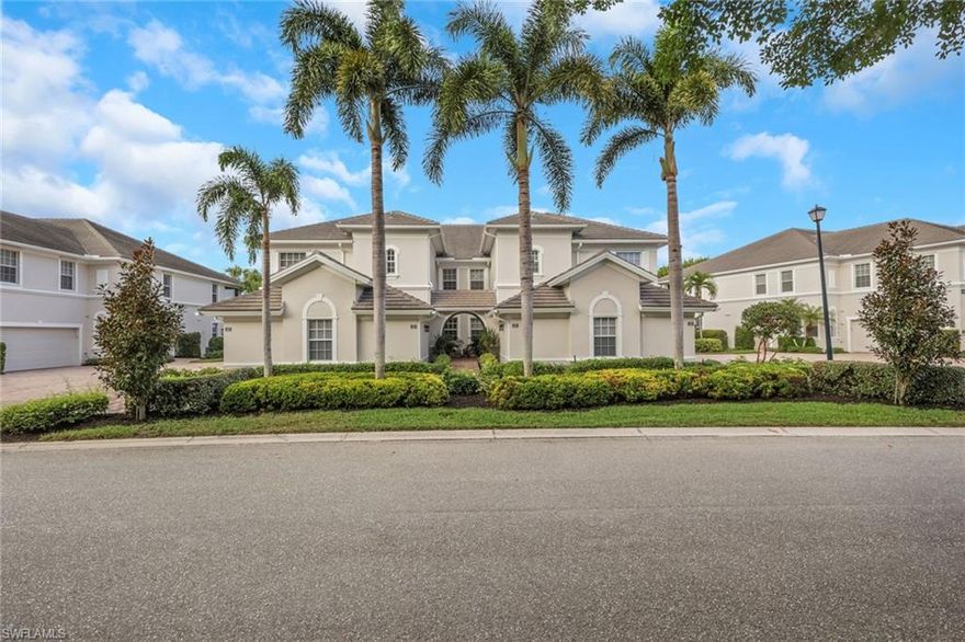 Turnkey first floor condo with amazing water view & beautiful sunsets. This 2 bedroom plus den has Automatic hurricane shutters on the screened lanai. Granite countertops and updated stainless appliances. Tile & wood flooring throughout. New water heater in 2023 & new AC in October of 2024! Close proximity to the community pool & a short walk to all of Palmira's amenities.