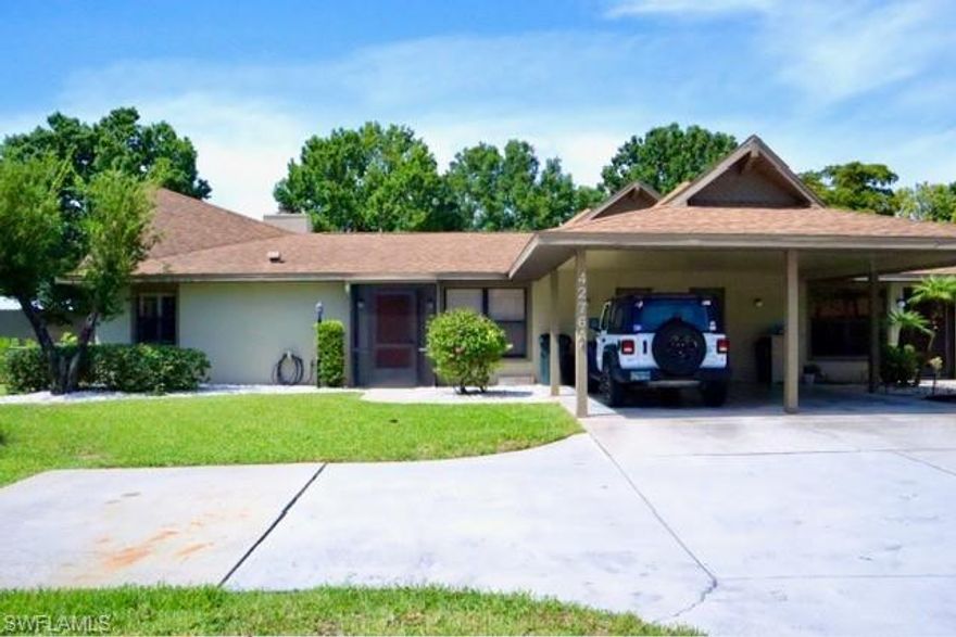 Investor opportunity with tenants in place and immediate income potential. This beautifully updated villa is located in the desirable Caloosa Bayview community and offers a low maintenance investment in a sought after location. The one story residence features 2 bedrooms and 2 bathrooms with a bright open concept living and dining area that feels spacious and inviting. Recent updates include brand new flooring, stylish new kitchen cabinetry, and elegant quartz countertops with under bar lighting. The living room features a cozy fireplace that adds warmth and charm, while the screened lanai provides a relaxing place to enjoy the Florida tropical breeze. The spacious primary suite includes a large walk in closet and a private en suite bathroom with a garden tub and separate shower. The guest bedroom also features a generous walk in closet, and the guest bathroom offers a convenient tub and shower combination. Additional features include a washer and dryer, private exterior storage room, covered carport parking, and an additional designated parking space for a second vehicle or guests. Caloosa Bayview is a quiet tucked away community located adjacent to Caloosa Bay Yacht and Racquet Club and offers residents a large community pool along with a social and billiards room. The community is also home to the popular Blue Coyote Supper Club, where optional memberships are available for dining and social events. This property offers investors the rare opportunity to acquire a well maintained income producing property with tenants already in place in a desirable Southwest Florida community.