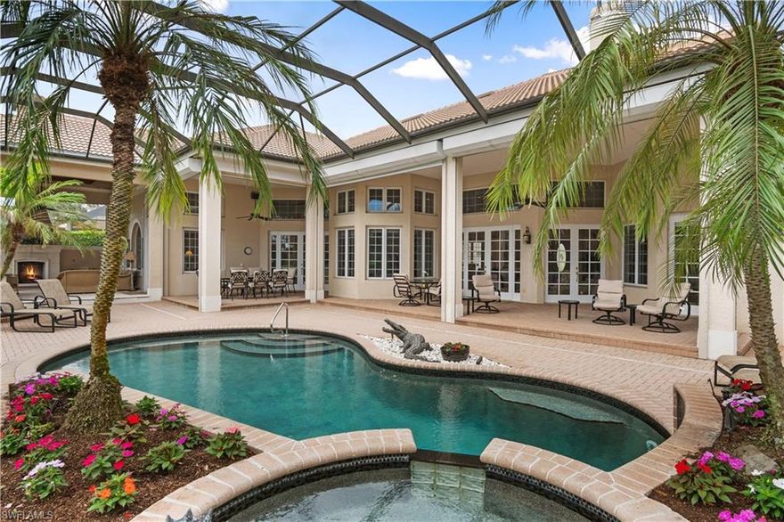 H7751 Beautiful golf course home on an oversized .45-acre estate lot in North Naples coveted “Audubon Golf & Country Club!” Boasts Southeast exposure for gorgeous natural light on your screened pool/lanai. This 4,122 sq ft. home is finely appointed with 3 bedrooms + den, 2-car garage with 3rd stall for golf cart, NEW ROOF IN 2021, & electric & manual shutters. This light & bright property offers soaring high 18 ft volume ceilings, travertine marble, & ample storage throughout. Chef’s kitchen features granite counters, new Sub-Zero fridge, all stainless-steel appliances, double sink & a breakfast bar. Fantastic outdoor patio with an expansive pool deck, pool/spa, outdoor kitchen area & fireplace. Spacious master suite includes dual walk-in closets & a large bathroom with triple vanities, separate shower & tub & a dramatic peaked wood paneled ceiling accent. Furnishings are negotiable. Audubon is perfectly located 5-minutes from Mercato & world-class beaches, with gated/guarded entry, 18-hole championship Golf Course, tennis, pickleball, Bayside boardwalk, newly renovated clubhouse with dining & 2nd brand-new spectacular poolside club & café.