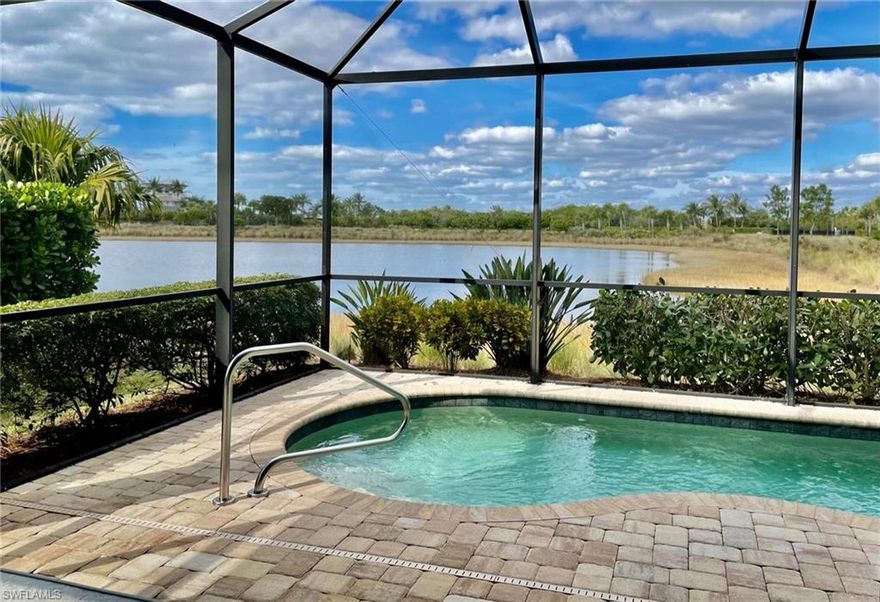 Looking for a PICTURE-POSTCARD VIEW & BEST BUY then look no further! This villa sits on a lot that offers a wide, unobstructed lake view offering privacy without rows of other homes within view. Its location near the community entry makes for easy guest arrival & is only a short walk to recreational facilities. The Dahlia model with its open floor plan, high ceilings, split 2 bedrooms plus den has created buyer demand. This home boasts thousands of dollars in builder upgrades & more added after purchase. Shop & compare & you will know this is a BEST BUY! Upgrades include heated saltwater pool system with safety rail, impact-resistant windows/doors, plantation shutters & ceramic tile throughout, glass showers doors in both baths, gourmet kitchen with quartz countertops, pantry-style cabinets in designer chocolate color with matching cabinetry around the island base, custom track lighting in 3 rooms, 4 ceiling fans, custom Verticell shade & valance. Neutral color walls & flooring. Low quarterly assessments, loads of community amenities, & proximity to downtown Naples makes it the place to be! This home is newly painted & furniture available. MOVE-IN READY – NO WAITING ON THIS ONE