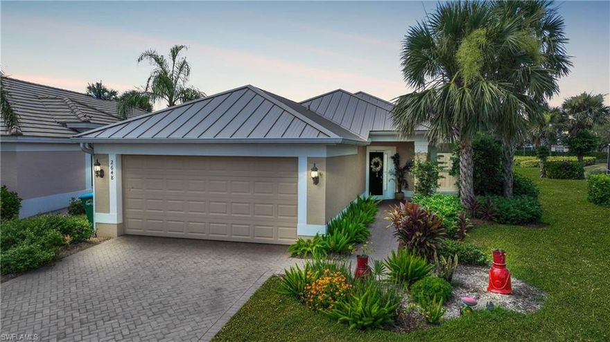 You have found your little piece of SW FL paradise in the beautiful community of Sandoval. This 3bed 2bath 
SOUTHERN EXPOSURE POOL home has a highly sought after floor plan & is impeccably kept. A BRAND NEW METAL ROOF was just installed! The outdoor space is inviting w/SOUTHERN EXPOSURE providing that much desired sunlight that compliments the spectacular view & brand new picture frame screen enclosure. The SALT WATER HEATED POOL has a sunshelf waiting for you to relax & enjoy. The front screened doorway provides that much desired crossbreeze so that you can turn off the air conditioner during the seasonal months. The freshly painted interior colors are eyepleasing & the flooring of tile & high end laminate will not disappoint. The kitchen boast stainless steel appliances, granite countertops & decorative backsplash. The primary suite is spacious & has a large walkin closet. The primary bath has dual sinks & a large walk in shower w/bench seat. The owner has spared no expense providing plantation shutters & a rolldown hurricane shutter on the lanai. The location is perfect w/only a very short walk to all the resort style amenities & pickleball courts that Sandoval has to offer.