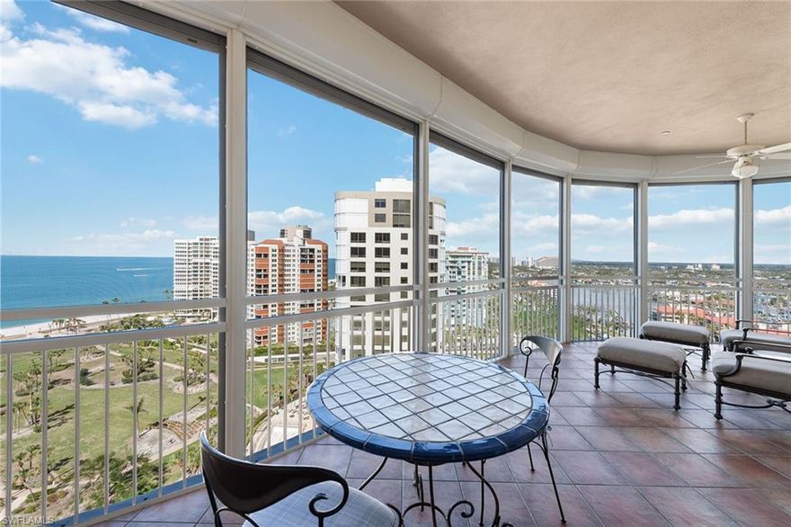 Sweeping 17th floor views of the Gulf & Bay await you in this truly unique experience at Provence, a stunning beachfront high-rise in the heart of Park Shore. With northern exposure and 180-degree panoramic views, wake up to the colorful sunrise over Venetian Bay, and that evening watch the gorgeous sunset Naples is known for, all from the comfort of your home. 2 large screened terraces, floor-to-ceiling windows, Spanish tile with inlay accents, and electric shades are just some of the features this home has to offer. Provence is the epitome of luxury living in Naples, with a spectacular pool & spa overlooking the sandy beach, outdoor kitchen, and community & board rooms. Plus, for the more active lifestyle, residents enjoy a sauna, fitness center, tennis court, and the Park Shore promenade – a private 1.3-mile paved path to stroll along the beach. Have peace of mind with 2 under-building parking spaces, 24-hour security, and onsite maintenance staff. 2 pets are permitted without size restrictions and leasing is allowed once per year for a 90-day minimum. Boaters can buy or lease a slip from Venetian Bay Yacht Club, and after a day on the water, walk to the renowned dining & shopping at Venetian Village just across the street.