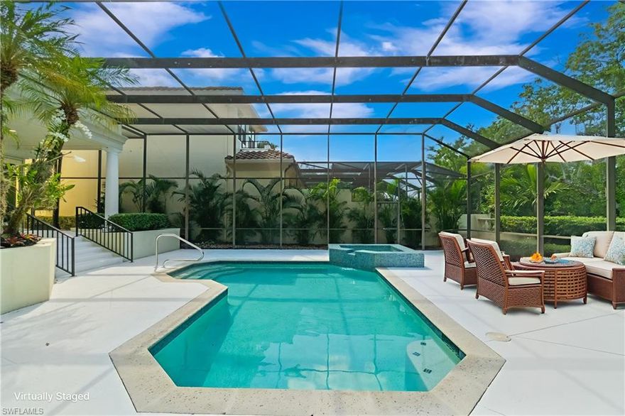 Revel in the pinnacle of luxury estate living within Vizcaya at Bay Colony in Pelican Bay. This highly sought-after and rarely available property presents an exceptional opportunity to own in one of Naples’ most exclusive and private enclaves. Featuring five bedrooms, four-and-a-half baths, a loft, and over 4,600 square feet of living space, this elegant residence blends timeless architecture with relaxed sophistication. The spacious living room, centered around a wood-burning fireplace, opens to an expansive outdoor retreat with a sparkling pool, spa, and tranquil views, ideal for entertaining or quiet relaxation. The primary ensuite on the main level showcases a beautifully remodeled, spa-inspired bathroom, while the 2012 addition created an upper-level guest wing offering exceptional privacy for family and visitors. Additional highlights include zoned HVAC newly installed in 2022 and generous storage throughout. Tucked behind a manned gate, Vizcaya at Bay Colony is an intimate enclave celebrated for its lush tree-lined streets, meticulously maintained landscaping, and enduring architectural charm. Residents of Bay Colony enjoy a private, residents-only Beach Club featuring a full-service beachfront restaurant and bar, poolside and beachside food and beverage service, an ocean-view bar perfect for sunset gatherings, and exclusive tennis facilities providing a true resort-style experience steps from home. Beyond Bay Colony, residents also have access to the exceptional amenities of Pelican Bay, including a state-of-the-art fitness center, group exercise classes, wellness programs, scenic walking and biking paths, kayaking, and an active tennis program. New pickleball courts are also underway, offering residents additional opportunities for recreation and enjoyment in the near future. Perfectly positioned near the luxury boutiques and restaurants of Waterside Shops and the cultural treasures of Artis-Naples, Vizcaya offers effortless access to the vibrancy of Mercato, the charm of Fifth Avenue South, and the pristine Gulf shoreline, making it one of Naples’ most coveted addresses.