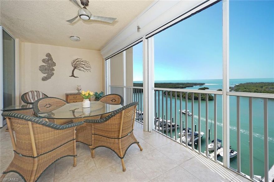 DOUBLE BONUS, WEST VIEWS TO THE GULF WITH SUNSETS ALL YEAR LONG AND EASTERLY VIEWS FOR DAILY SUNRISES.  Immaculate interior  New Kitchen Quartzite Counter tops, All new Appliances, new LED lighting throughout the condo, New big screen 75' Smart Tv in Living Room/Great Room, 65' Smart Tv in Den/bedroom, and 65' Smart Tv in guest bedroom, New designer living room furnishings, New Washer/dryer, New Motorized Screens on West Lanai, Newest Impact code windows and Doors, 3 bedrooms, 3 Baths,, Guest Suite with Bath. Pelican Isle Yacht Club offers Optional Memberships and is not required for Purchase.  NO WAITING LIST FOR  MEMBERSHIPS. Yacht Club members enjoy dining, beach boat out to the White Sandy Beach, tennis.  
Boat Docks privately owned and not part of the Real Estate...Docks available through the Yacht Club.  24 Hour gated entry, Community pool.  EXTRA BONUS This Building offers an amenity room for residents use.  If you are a BOATER this Unique Island Community is the only place to live.