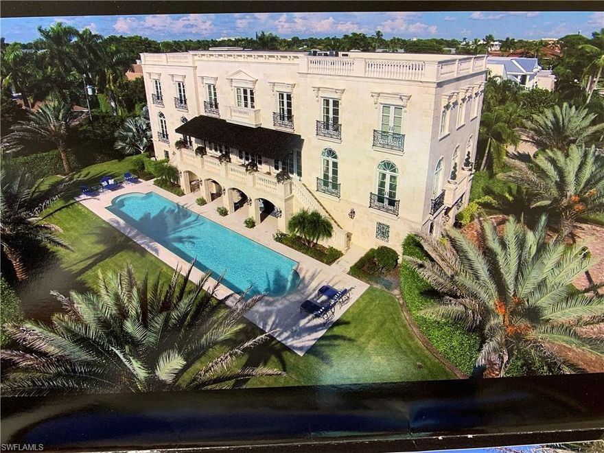 One of Naple's most iconic estates.  Classical exterior of elaborately carved imported marble.Every detail has been refined and overseen by it's architect.  
Bespoke finishes and refinements. Ideally positioned on multiple lots between Naple's finest dining, shopping and pristine beaches.  70' lap pool surrounded by rare open lawn and loggia complete with kitchen and fireplace, perfect for hosting large gatherings or family sports.  
Massive 7 car garage designed for all your automobile and beach toy needs.  Rooftop sunset terrace with hot tub and 360 deg views of Olde Naples and The Gulf.  A very special offering.