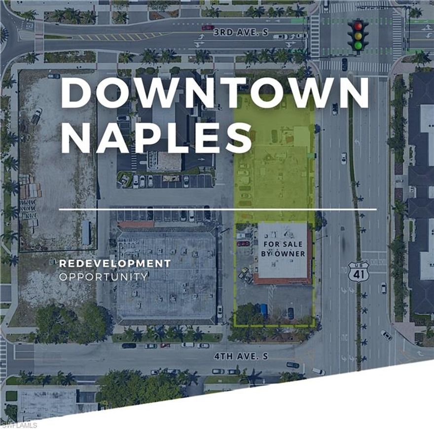 Downtown Naples Redevelopment Opportunity: .37± acres. 6,045 SF single-story building w/ 3 tenant spaces. Unparalleled visibility and access to downtown Naples. Located 2 blocks from 5th Avenue S. on US-41 surrounded by many new construction and redevelopment projects. Right in/out onto US-41, access to a fully lighted intersection at 3rd Avenue S. and downtown walkability. Adjacent .29± acres is for sale by owner.