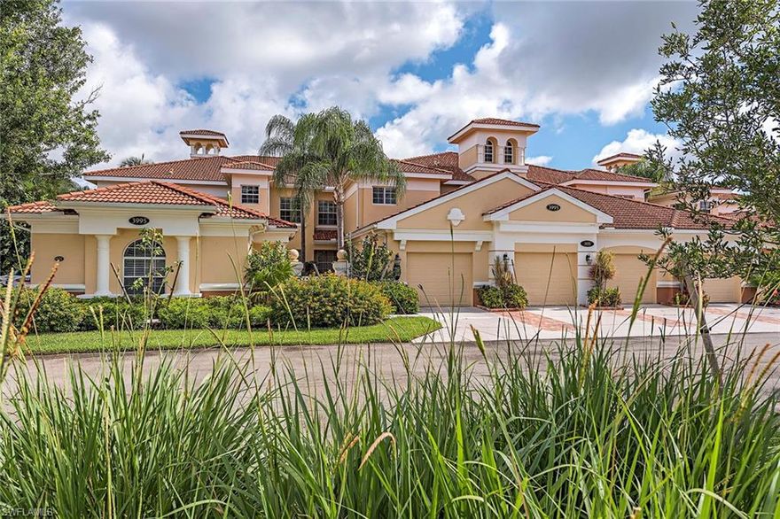 This stunning second floor condo has 3 bedrooms and 2 bathrooms with an oversized single car garage. Lovely, light wood staircase is wide and welcoming to this extraordinary home. Elegant 18 inch diagonal tile in the living areas with vaulted ceilings in the living room, this home is spectacular in condition and beauty. The master bedroom and bathroom includes a walk in closet, his and her sinks and a stand alone shower. 2106 sq ft split floor plan allows for lots of space and privacy. A spacious screened in patio with private decorator draperies has lots of room for entertaining. Meticulously cared for, this contemporary design offers huge open space and luxury living. Fiddler's Creek offers a lifestyle for everyone. An award winning clubhouse to include formal dining, seasonal activities, state of the art fitness center. Golf, tennis and pickleball are available as well. A resort style pool, full service spa area, and casual dining at the Gator Grill.