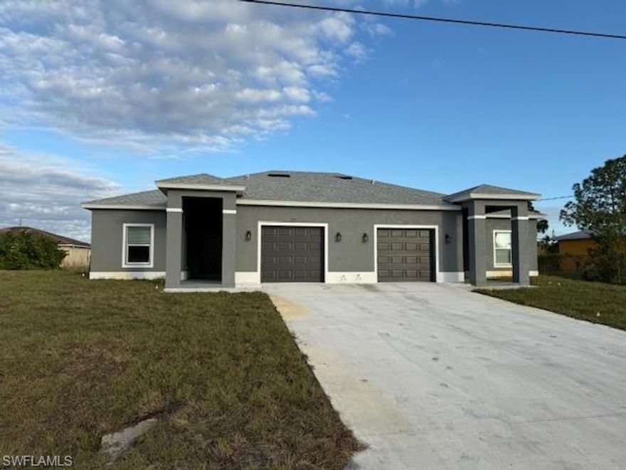 Brand New Construction Villa presents an exceptional opportunity for investors or those seeking affordable living options. Each side boasts 3 bedrooms and 2 bathrooms, ensuring a comfortable and inviting living environment for tenants or potential homeowners. The generous floor plan encompasses 1182 square feet within each unit, complemented by a covered patio under the truss, allowing ample space to cater to diverse lifestyles. Indulge in the luxury of high-quality upgrades that adorn the duplex, including sleek stainless-steel appliances, 42" upper cabinets, and elegant quartz countertops in the kitchen area. The flooring is adorned with resilient and beautiful Luxury Vinyl Plank (LVP), offering both contemporary aesthetics and easy upkeep. Your safety and peace of mind are assured, as Hurricane Impact Windows negate the need for remote shutter installation, providing optimal protection during severe weather events. Whether you're eyeing a profitable investment venture or searching for your personal haven, this duplex merits serious consideration. Developer has several other Villas for sale in the areas as well as duplex’s in Lehigh Acres, Cape Coral, and Punta Gorda as well.