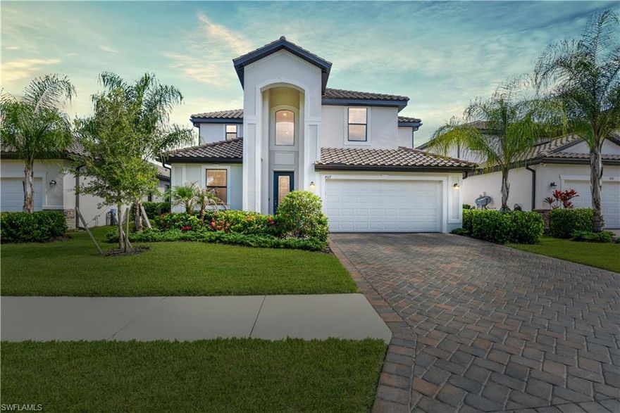 Lakefront 2-story home in wonderful gated community & JUST BUILT IN 2019! Lennar's Monte Carlo floor plan offers a sprawling floor plan w/ one guest room & main living areas on the first floor and 3 guest rooms, loft, bonus room, plus the master suite on second floor. Luxury features throughout- upgrades from builder standard package, volume ceilings, fireplace in family room w/ stone detail, elegant glass front door, 5' baseboards, designer cabinets, upgraded contemporary tile flooring in main living areas, crown molding, granite countertops, & more! You will love the stunning outdoor living space that gives you the ideal place to entertain or just relax in the sun. Raffia Preserve, a gated & deeded community, is in an A rated School District and has easy access to I-75, less than 8 miles from the gorgeous beach that lines the Gulf of Mexico, 16 minutes from the fantastic shopping & dining of MERCATO, and just 14 miles from the world famous 5th Ave Naples.