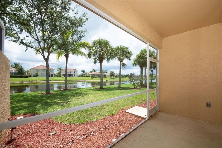 Newly-painted three bedroom and two bath villa with lovely lake view. Extended tile floors throughout and a relaxing screened lanai. Large two-car garage. Reflection Lakes is a gated community with a large clubhouse, fitness room, pool and many other amenities, most importantly an on-site manager. Close to everything in the booming south Naples area. Excellent value for a spacious home.