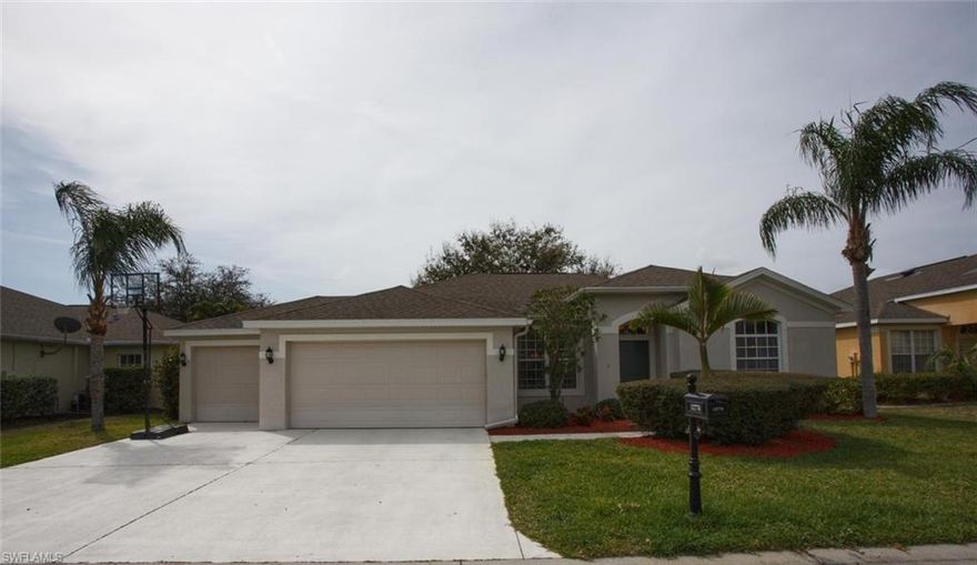 Fantastic Opportunity to own a RARE 3 bed/2 bath 3 CAR GARAGE Single Story home in the desirable neighborhood of Danforth Lakes! Step inside to this amazing home and take in the volume ceilings with and beautiful wood look laminate floors in the living areas and bedrooms, along with 5 inch baseboards! Wonderful new light fixtures throughout. Cook on your new appliances in your bright kitchen which boasts a new sink and faucet. Relax in your master bath jacuzzi. Both bathrooms have new faucets, and mirrors. There is plenty of storage to enjoy with 2 walk-in closets in the Master Bedroom. Laundry is a breeze with a newer washer and dryer. Sip your coffee on the screened lanai that overlooks a large backyard with plenty of room for a pool. Danforth Lakes has very low HOA fees of just $102 per month and offers a community pool, clubhouse, tennis court & fitness center. Conveniently nestled in the Daniels Corridor, close to I-75, RSW Airport, Gulf Coast Hospital, shopping, restaurants, and the ballparks!