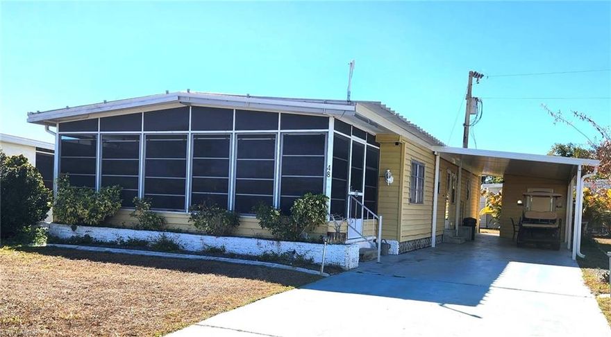 This move in ready 2 bedroom 2 bath home in Old Bridge Village is an excellent value for enjoying the Florida lifestyle.  This active 55+ waterfront community offers an abundance of activities to participate in.  Whether it's Pickleball, exercise, entertainment, or relaxing by the new resort style swimming pool, many new friends will be made.  With a gulf access boat launch and slip rentals this opportunity can't be beat.  Residents also enjoy Palm Point, a nine-acre waterfront retreat featuring a fishing pier, tiki huts, picnic areas, and sweeping river and downtown Fort Myers views. This home comes with everything you need, including a golf cart.  Features include a new carport, flooring, cabinets and A/C.  A great home at a great price! Don't wait to find your "Peace" of Paradise!