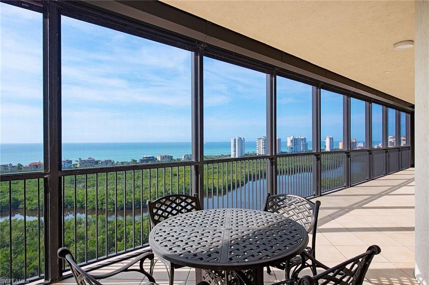 Enjoy magnificent views from this rarely available Montenero penthouse! Encompassing 5,865 square feet of air-conditioned space, this home in the sky features four bedrooms, den or fifth bedroom, family room and 5.5 baths. The generous primary suite has dual bath areas and large closets plus a morning bar. Some of the many luxurious features are gas cooking, butler’s pantry, 10-foot ceilings, floor-to-ceiling glass sliding doors, fireplace and custom millwork. The 87-foot screened southwestern terrace offers breathtaking views of the Gulf of Mexico and the east terrace showcases gorgeous sunrises. A private two-car garage is also included. Montenero is a world-class building with updated lobby and social room, 24-hour front desk attendant, theatre room, fitness center with saunas, lap pool and spa, guest suites and access-secured elevators. Pelican Bay offers tennis, fitness classes, aquatic activities plus trails and trams to the beach and dining.