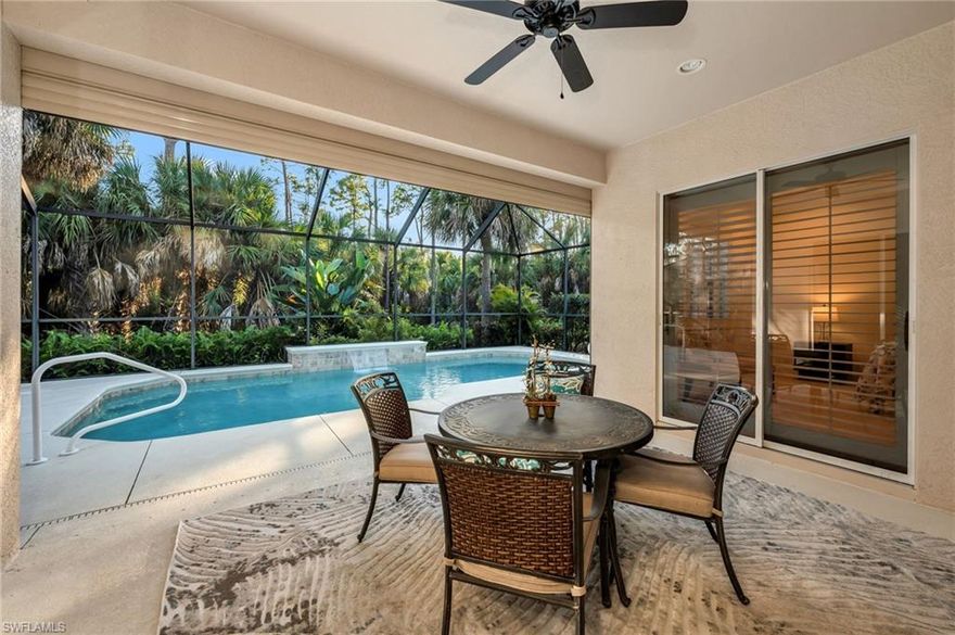 Welcome to this refreshed Marina model in the highly sought-after, gated community of Delasol in North Naples.  This true three-bedroom, two-bath residence with a two-car garage offers exceptional privacy with tranquil preserve views, creating a peaceful retreat both indoors and out.  The fully screened heated pool and extended lanai area boast a soothing waterfall feature and are perfectly suited for relaxed outdoor living, enhanced by electric storm shutters that protect the covered lanai area.  Inside, freshly painted interiors complement the tile flooring throughout the main living spaces, with carpeted bedrooms adding comfort where it counts.  The home is thoughtfully equipped with a newer roof, updated stainless steel appliances, plantation shutters, crown molding, brick paver driveway, central vacuum, effective in-wall pest control system, and a home generator with transfer switch for added peace of mind.

Delasol is a low-density, private enclave of just 271 single-family homes set across 147 acres, with 62 acres dedicated to preserves, lakes, and green spaces—offering a rare sense of space and serenity.  Residents enjoy an impressive array of amenities including a clubhouse, resort-style pool and spa, updated fitness center, lighted tennis, pickleball courts, basketball court, and children's play areas.  Ideally located in North Naples off Livingston Road, Delasol provides convenient access to I-75 and Southwest Florida International (RSW) Airport, is near A-rated schools, and places you close to the very best of Naples living—world-famous white sand beaches, exceptional dining and shopping, top tier medical facilities, and local favorites such as Oakes Farm Seed to Table Market.