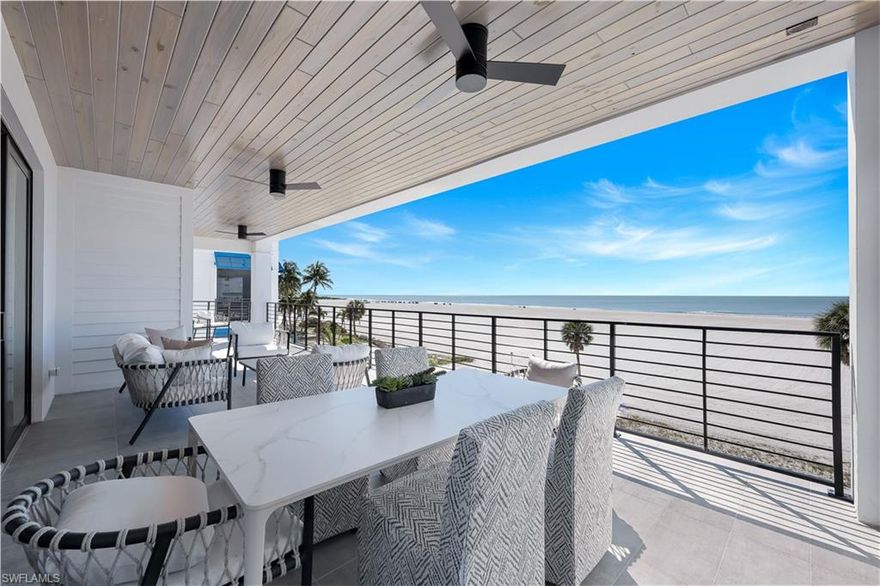 Fully completed and move-in ready, Residence 202 presents an immediate opportunity to enjoy elevated beachfront living on Estero Island. Part of the exclusive Gulfside Twelve collection, where Phase One is completely sold out, this residence offers a rare opportunity to own within one of the island’s most thoughtfully curated boutique developments.

Encompassing approximately 4,000 square feet of refined interior living, complemented by an additional 700 square feet of private lanai space, the residence offers a seamless blend of indoor and outdoor coastal living. Interiors deliver a generous sense of scale and are finished in custom tile throughout, a sophisticated blend of tile and wood flooring, and elegant marble surfaces, including marble countertops, creating a timeless and elevated aesthetic.

The gourmet kitchen is both refined and functional, appointed with a premium Thermador appliance suite featuring seamlessly paneled refrigeration, an oversized designer tile backsplash, a custom cabinetry integrated hood, propane gas range, wine refrigerator, ice maker, and an expansive walk in pantry. A soft light blue island base introduces a subtle coastal statement while maintaining an elegant and tailored aesthetic.

The residence is enhanced by elevator access that opens to a private entry foyer, offering a true sense of arrival and enhanced privacy. The primary suite is designed as a serene sanctuary, complete with a spa caliber bath featuring an oversized walk-in shower, refined finishes, and a dedicated makeup vanity.

Main living areas capture sweeping Gulf front views, while the rear terrace offers tranquil canal vistas with access to Estero Bay, creating a rare dual waterfront experience. Additional highlights include impact resistant sliding doors, a fireplace anchoring the living space, two garage parking spaces, additional private storage, private beach access, and five star amenities including a resort style pool and spa.

With limited Phase Two residences remaining, Residence 202 stands as an exceptional offering for those seeking immediate occupancy and refined beachfront living, ideally positioned just minutes from the dining and entertainment of Downtown Fort Myers Beach and the preserved natural beauty of Lovers Key State Park.