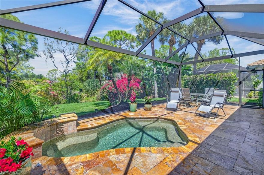 Welcome to this beautifully updated single-family home in the sought after Glen Eagles neighborhood in Pelican Sound, the areas finest bundled golf community.  This elegant and tastefully updated home features an open great room floor plan designed for easy Florida living and entertaining. The chef’s kitchen showcases granite countertops, Samsung stainless steel appliances, soft-close cabinetry, and a marble tile backsplash. The primary suite offers private lanai access, a walk-in closet, and a fully renovated en-suite bath with dual sinks, a walk-in shower with seamless glass, and a relaxing soaking tub. A separate guest wing provides two guest bedrooms and an updated bath with granite countertop and frameless shower door, ensuring comfort and privacy for visitors.  Outdoor living shines with an expansive travertine-tiled lanai—perfect for alfresco dining or morning coffee—complete with an oversized in-ground spa and picture-frame screened enclosure overlooking the golf course and a stunning bougainvillea bush. Additional upgrades include new decorative ceramic tile throughout the living areas, hurricane screens, newer A/C and water heater, a new roof (2019), and a two-car garage with epoxy flooring and built-in storage cabinets. This home blends style, quality upgrades, and exceptional indoor-outdoor living.  This home is being sold turnkey furnished, ready for it's new owner to move in and start living a dream lifestyle!  If you are looking for an active lifestyle look no further: 27 holes of Championship golf, 14 pickleball, 8 tennis and 6 bocce courts. State of the art fitness center that is professionally staffed. Pelican Sound is nestled up to the Estero River with access to the Gulf. The community offers dry boat storage, kayaks, canoes and paddle boarding, along with a shuttle boat to Lovers Key State Beach Park. Minutes from RSW International airport and surrounded by fabulous shopping and restaurants.  Start living the dream!