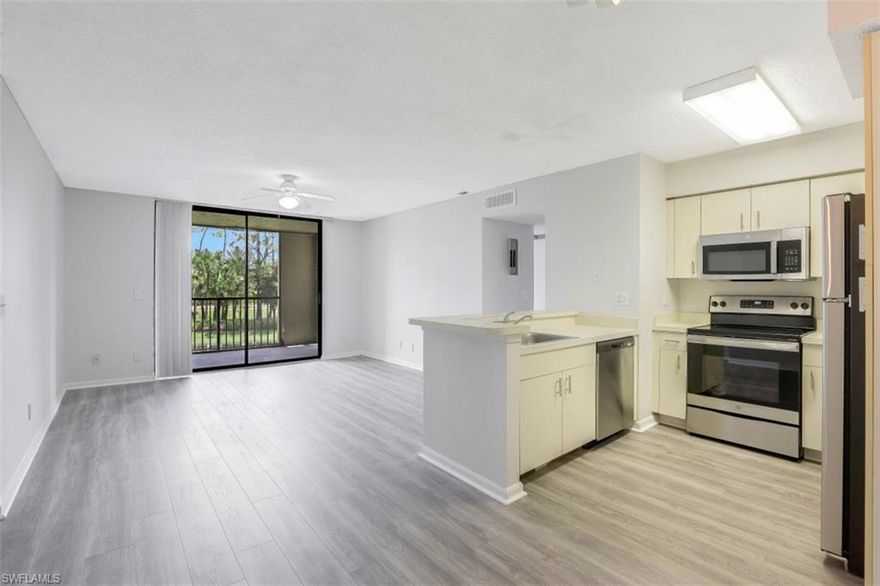 Move in ready 2nd floor one-bedroom condo now available. New flooring, fresh paint and stainless steel kitchen appliances. Great view from your screened in lanai looking over the lake. Closet on lanai has a full size and newer washer/dryer. Enjoy all the conveniences of a community clubhouse, two resort style pools, with a spa, tennis courts and located near the heart of Fort Myers. All buildings are currently getting new roofs and fresh exterior paint. Musa at Daniels is also adjacent to the semi-private Eagle Ridge Golf Course whenever you want to tee it up! Low HOA Fees includes cable and internet. The location provides great access to schools, shopping, restaurants, Downtown Fort Myers, Whole Foods, public golf courses, Red Sox and Twins training facilities, FGCU, FSU, SWFL International Airport and Sanibel & Fort Myers beaches. Call today - It won't last long at this price!