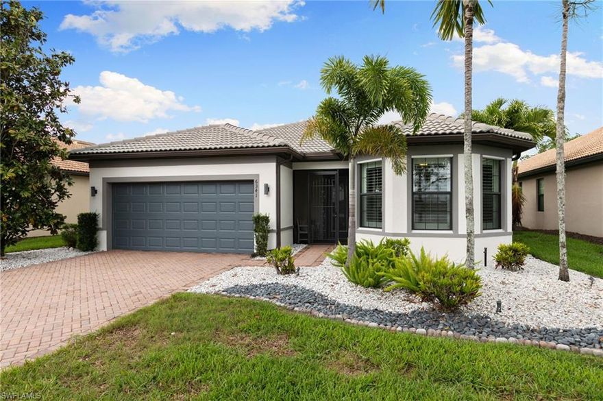 One of the few homes in Del Webb Naples offering both lake and golf course views. Enjoy peaceful water views from the front and a pristine Panther Run fairway from your private lanai. Meticulously maintained and move-in ready, this property is a standout opportunity in a highly active and in-demand community. Located within the highly sought-after Del Webb Naples in the heart of Ave Maria and set along the prestigious Panther Run Golf Course, this beautifully upgraded residence offers the perfect blend of comfort, style, and resort-inspired living.

Thoughtfully designed, the home features approximately 1,675 square feet of living space with 2 bedrooms, a den with glass French doors, and 2 full baths. The extended great room creates an open, airy feel, complemented by a dedicated dining space and breakfast bar, making it ideal for both everyday living and entertaining. The layout flows seamlessly to the screened lanai, offering true indoor-outdoor living with peaceful golf course views.

At the center of the home, the gourmet kitchen is designed to impress with a large island, upgraded appliances, and a pantry. High ceilings, crown molding, and ceiling fans throughout enhance comfort and style, while impact-resistant windows and doors provide added peace of mind.

The spacious primary suite serves as a private retreat, complete with dual vanities, a walk-in shower, and generous closet space. A finished laundry room adds convenience, and the extended two-car garage offers ample room for vehicles, a golf cart, or additional storage.

Step outside to the screened lanai, where you’ll find a private setting overlooking the golf course—currently accommodating an above-ground hot tub—creating the perfect space to relax or entertain while enjoying the view.

Residents of Del Webb Naples enjoy a vibrant 55+ lifestyle with access to world-class amenities, including resort-style and lap pools, a state-of-the-art fitness center, pickleball, tennis, bocce, billiards, a golf simulator, and dining at the Rusty Putter Restaurant. Optional golf memberships at Panther Run Golf Club provide premier golf just steps from your door.

Beyond the community, Ave Maria’s unique golf-cart-friendly town center offers everyday convenience with Publix, dining, shopping, and local gathering spots just minutes away.

This is more than a home—it’s a lifestyle defined by connection, activity, and ease in one of Southwest Florida’s most desirable 55+ communities.