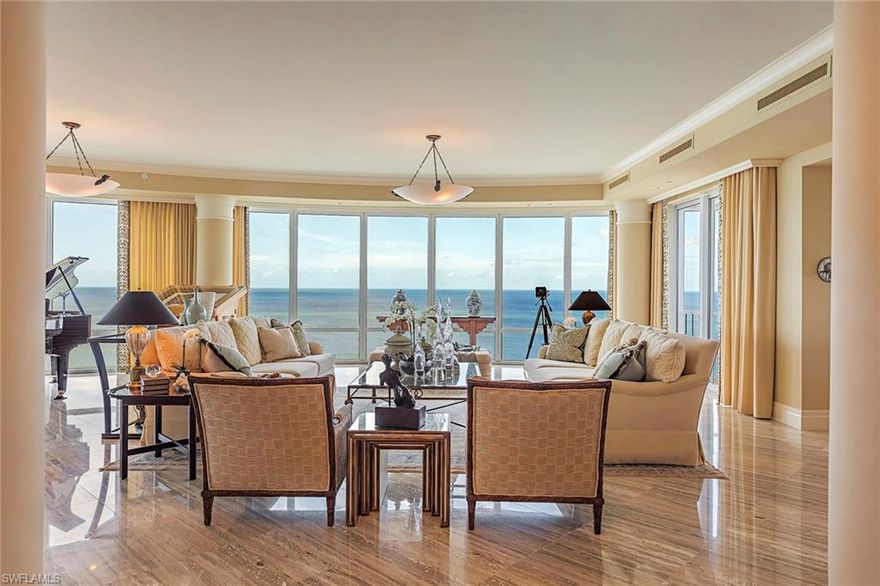 This rare Regent penthouse offering is the quintessence of luxury beachfront living. From the moment of entry into a private elevator lobby, you are greeted by stunning long-range coastal vistas and the azure waters of the Gulf of Mexico. Interiors created by renowned designer, Peter Ferwerda, showcase timeless architectural elements, detail rich ceiling designs, custom woodwork and translucent silver travertine flooring setting the tone for the sophisticated backgrounds. Every thought to gracious living has been incorporated including a spacious living room with custom bar, large dining room, gourmet kitchen, and a family room with a fireplace. The owner's suite is a masterpiece of luxury including a sitting area, fitness area and commodious his and hers baths. Two lovely bedroom suites and a privately located guest cottage afford the ultimate guest experience. A unique cabana room with sliding doors opening to two terraces, a grill and fireplace and a plush theater and pool room create a spectacular venue for entertaining. Car enthusiasts will appreciate the air conditioned three car garage. The Regent is rich with amenities, all of which are shared by only 37 residences.