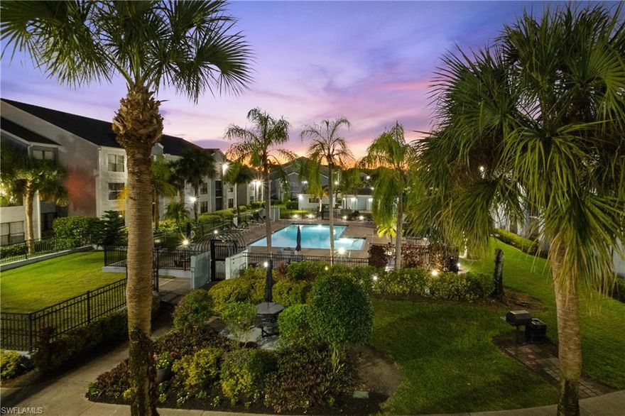 BEST VIEW AT MUSA! Check out this well maintained 3-bedroom, 2-bath condo with a wonderful view, (both day & night) overlooking the saltwater pool & courtyard at MUSA. This unit has total privacy and is extremely quiet on the 3rd floor with cathedral ceilings & natural light.  THIS UNIT ALSO HAS A GARAGE located at the bottom of the steps with workbench area (#1403 deeded with the unit.) The buyer would have a selection of choices.  The unit could be purchased fully furnished / totally empty ... along with an attractive option to sell the garage, therefore lowering the HOA fees. Recent upgrades include a brand new (10/25) central air unit, new roof (2022), fresh interior & exterior paint, and laminate plank flooring in the main areas.  This community is centrally located with convenient access to I-75, Southwest Florida International Airport, two golf courses (each within a mile), & every type of shopping & dining imaginable. MUSA residents enjoy choices of the salt water & heated pools, along with hot-tub, fitness center, tennis, basketball and pickleball courts. The clubhouse features a full kitchen, entertainment room and library. This is a rare opportunity to own a garage-included condo in a wonderful community, centrally located with purchasing choices.