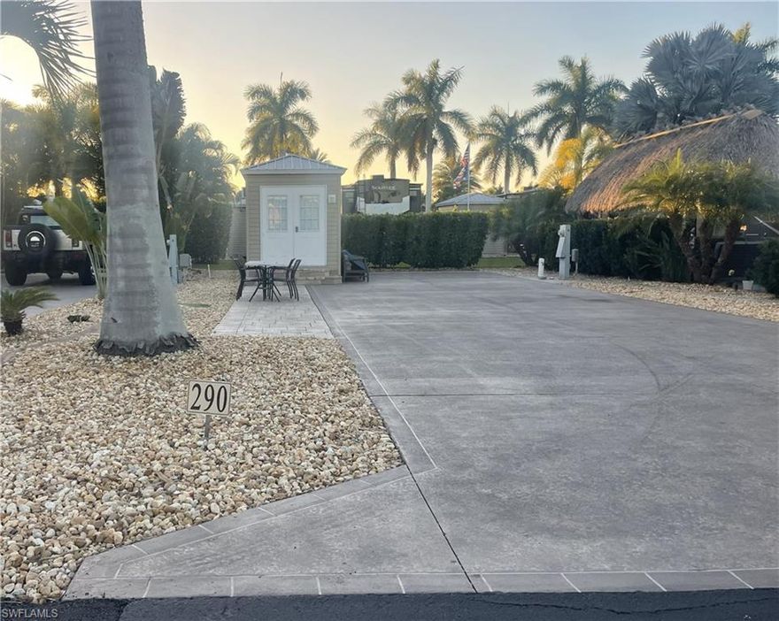 Welcome to Lot 290 at Cypress Trail RV Resort. A 5-star-rated resort located in beautiful southwest Florida in Fort Myers East off I-75. This 35 x 90' lot is perfectly located while providing everything you need for peace of mind. The resort clubhouse is just around the corner, accessible to all the wonderful amenities, like the pool, gym, laundry, library, pickleball, tennis, bocce, shuffleboard, and a large ballroom. This resort has so much more to offer, like live music concerts, dance events, fun excursions, craft shows, and so much more.
This lot is an excellent choice for a 5th wheeler, super C, tow behind, or class A and is ready for any 50 or 30 amp service, water/sewer, high-speed internet, and over 75 cable television channels. This lot is ready for you to build a tiki or gazebo for your relaxation outside with friends and family. It also contains a finished 8x15' Amazon shed with everything you need inside, including on-demand hot water for your long showers, a sink, a toilet, and a wall TV.
Not many sheds in this resort have this excellent countertop with multiple drawers, including a mini-Frigidaire fridge and a microwave. This shed is well-lit with plenty of windows, and it is cooled with a GE wall air conditioner and a ceiling fan. This lot comes with everything in the pictures but not the bikes.
This resort gives you quick access to all of southwest Florida's gorgeous beaches, in addition to Fort Myers Beach and Sanibel Island.
We hope you can make this lot your dream property as you enjoy your own slice of sunny southwest Florida.