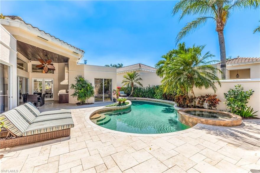 This masterfully designed One-Of-a-Kind, Aruba Model Villa was meticulously renovated by BCB Homes into a Timeless Elegant Coastal Jewel. Beautifully blended sophistication with elegance, only with the finest of quality and craftsmanship. It’s like no other, simply breath-taking. Marble cream flooring, warm colored walls, high volume ceilings with massive beams give boundless spacious feel to this stunning bright and airy residence, unique huge chandlers, ensuite baths all with custom granite and designer plumbing fixtures, the chiefs gourmet kitchen boasts of white shaker style custom cabinetry, designer appliances, a gas stove. The covered outside courtyard gas built-in stainless steel barbeque kitchen is fabulous. This Rarely available Villa is uniquely situated on the Pelican Bay Golf Couse, offering southern exposure with backyard privacy from its bougainvillea trellis covered patios but with phenomenal long golf course and lake views, and fore you golfers it’s about  a 9 iron from a golf green. For the gardeners enjoy the citrus and banana trees in the backyard and maybe add herb garden. This gemstone residence offers the opportunity to purchase one of the most prized villas in Naples that simply offers everything to the most discriminating.