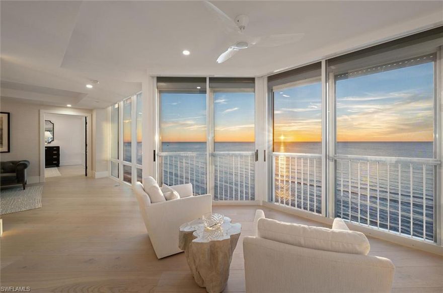 Welcome to an unparalleled luxury residence in the prestigious Le Parc, perfectly situated in Park Shore. This meticulously reimagined condominium was completely renovated down to the studs in 2019, showcasing flawless craftsmanship and contemporary elegance throughout its 4,278 square feet. Perched on the 6th floor, this stunning home boasts over 115 feet of continuous floor-to-ceiling windows, framing panoramic northwest views of the Gulf of Mexico. Nearly every room invites you to savor the tranquil Gulf vistas and dazzling sunsets. The residence features wide-plank Legno Bastone European French White Oak flooring, adding warmth and sophistication. Solid wood doors throughout and meticulous finishes amplify the sense of refined luxury and a clean, modern aesthetic. A chef's dream, the kitchen is equipped with state-of-the-art Wolf appliances, including an induction cooktop, in-wall oven, and microwave, complemented by a Sub-Zero refrigerator and under-counter freezer. The open-plan design flows effortlessly, making it ideal for entertaining. With three bedrooms, a den, and 3.5 bathrooms, this home is designed for comfort and functionality. Generous storage solutions are seamlessly integrated, ensuring a clutter-free lifestyle. The den offers flexibility for use as an office, media room, or additional guest space. This home is equipped with high-quality speakers controlled by a Sonos system, electric shades for effortless ambiance, and a WaterCop leak detection system for peace of mind. All-new electrical and HVAC systems provide modern efficiency and reliability. Le Parc offers an array of resort-style amenities, including a beachfront pool and spa, outdoor grills, and two guest suites. The state-of-the-art fitness center features locker rooms and saunas, the community room is complete with a kitchen that opens to the outdoor terrace. The pristine beach is directly out your front door, inviting you to enjoy the best of Gulf-front living. Stroll to Venetian Village to indulge in fine dining, boutique shopping, and vibrant waterfront experiences. Experience the epitome of coastal luxury in this move-in-ready masterpiece.