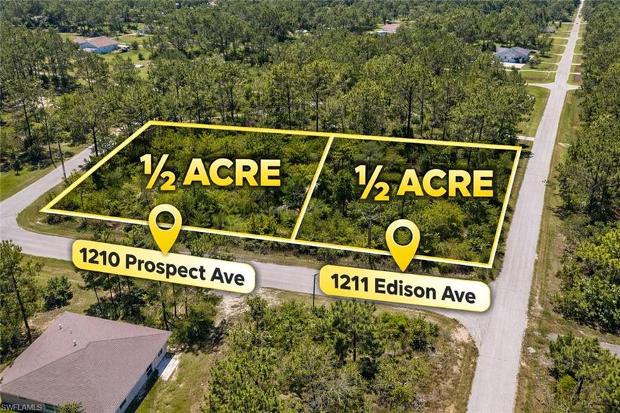 Two adjacent half-acre lots offering the opportunity to enjoy approximately 1 full acre of combined space. These parcels can be purchased together for a full acre or individually, providing flexibility for buyers, builders, or investors.

Addresses:

1210 Prospect Ave – half-acre lot with access from Prospect Ave
1211 Edison Ave – half-acre lot with access from Edison Ave

Positioned with access from one street and exit through the other when combined, the layout enhances convenience and usability.

Located on a quiet dead-end street, the property offers increased privacy and minimal traffic, creating a peaceful environment ideal for those seeking space and tranquility. The low-traffic setting also adds an extra sense of safety and comfort for families.

A utility pole is already located on the property, making future connection to electricity more convenient and potentially reducing initial setup time and costs.

Whether you are looking to build your dream home with extra space, create a private retreat, or invest in land with strong potential, these lots provide versatility and value.

Conveniently situated in Lehigh Acres with access to main roads, schools, shopping, and local amenities while maintaining a quiet residential feel.

Rare opportunity to own one or both half-acre lots in a growing area of Southwest Florida.