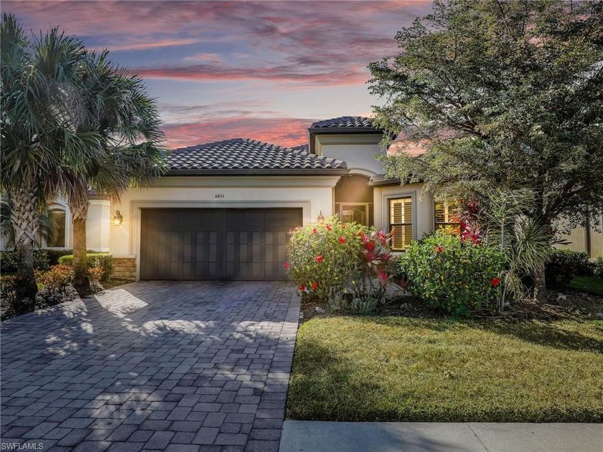 Lowest priced Lazio with a pool!!! Discover luxury living in this stunning 3-bedroom plus den, 3-bathroom pool home, boasting 2,275 square feet of exceptional design in Hacienda Lakes. This exquisite residence offers elegant upgrades, modern conveniences, and thoughtful details throughout. A beautiful paver driveway welcomes you to this meticulously maintained home. Step inside to find crown molding gracing every room, along with upgraded tile flooring flowing through the main living spaces and den. Plush carpeting enhances all three bedrooms, creating a cozy retreat. At the heart of the home is the upgraded gourmet kitchen, a chef’s dream complete with an oversized island, sleek GE Café appliances, a wall-mounted double oven and microwave, and ample storage. The spacious laundry room offers additional cabinetry and a convenient laundry sink. Designed for comfort and convenience, the primary suite showcases a bay window with plantation shutters and a spa-like bathroom with an oversized walk-in shower. The second en suite bedroom also features a walk-in shower, providing guests with a private and luxurious experience. Enjoy peace of mind with Storm Smart automatic shutters on the covered lanai, manual accordion hurricane shutters on all windows, and impact glass at the front of the home. Outdoor living is elevated with a covered lanai wired for a high TV, a space plumbed for an outdoor kitchen, and a sparkling pool perfect for relaxation. Additional upgrades include a whole house generator ensuring uninterrupted power, a whole house water filtering system for premium water quality, and a security system for enhanced safety. The tankless hot water heater provides energy efficiency, while the living room and primary bedroom feature tray ceilings and elegant trim. The den includes pocket doors for added versatility, and additional recessed lighting enhances key areas of the home. This home is partially furnished with select pieces, including two Sony TVs, one mounted in the primary bedroom and one in the living room, as well as a couch, coffee table, and a leather chair. Offering an impeccable blend of luxury, functionality, and security, this home is an extraordinary opportunity in Hacienda Lakes. Hacienda Lakes offers an array of world-class amenities designed to enhance your lifestyle. Residents enjoy a state-of-the-art clubhouse featuring a modern fitness center, a resort-style swimming pool, a resistance pool, and a spa. The community also boasts scenic trails, a fire pit gathering area, pickleball courts, and tennis courts for active recreation. Additionally, a library provides a quiet retreat for reading and study. With beautifully landscaped surroundings, social spaces, and a welcoming atmosphere, Hacienda Lakes provides the perfect blend of luxury and leisure.