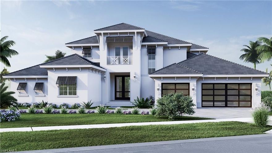 New Build, nearly complete. Coastal Contemporary Waterfront residence includes an expansive 4 beds + Office and 5 baths. Smokehouse Creek views are nothing short of spectacular with direct access, to Caxambas Pass. Presenting an impeccable designer home with high-end finishes and commanding views from 2 levels. The open entry foyer leads to a great room with 12’ ceilings and box beams, open to the waterfront dining area and custom kitchen with walk-in pantry. This level features a game room with wetbar. The ground floor spacious and opulent primary ensuite includes a well-appointed bath with dual sinks, soaking tub, 2 walk-in closets and access to the study. The upper level, accessed via stairwell or elevator, features 3 ensuite bedrooms and a loft games room with wetbar, plus a covered waterfront terrace and private terrace. Take in the stunning south facing waterfront views galore spanning the back of the home through floor-to-ceiling impact glass sliders and windows overlooking the pool, spa and waterfront. A covered lanai houses an outdoor kitchen with fireplace and pool bath. Built for discerning individuals who seek to build their very own legacy in Marco Island.