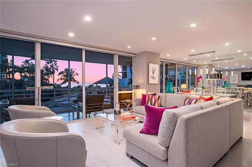 One-of-a-kind contemporary perfection! This preferred Gulfside residence has been extensively renovated, with high-level finishes reflecting a sophisticated, clean-lined design. The remastered floor plan provides increased interior storage and an open, spacious feeling, with window walls of glass that extend to a generously sized lanai. Views of layered turquoise-blue waters, year-round sunsets, and the sounds of the shore make the residence feel like your own private beach house, paired with the ease of condominium living. This two-bedroom residence offers just under 1,700 square feet and features upscale porcelain flooring throughout, spectacular lighting, custom architectural features, and a custom kitchen - just a few of the many upgrades incorporated into the new décor that make this residence special. The Terraces is a beachfront, award-winning building in Park Shore, offering resort-style amenities, 24-hour security, three high-speed elevators, and beautifully appointed guest suites. Just a short walk to Venetian Village shops, restaurants, and the marina with boat rentals.