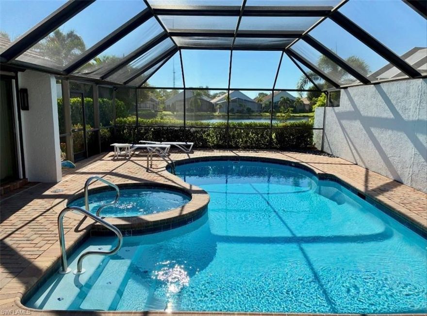 Step inside and discover why this home truly stands out.
Welcome to this special and cozy 3-bedroom, 2-bath attached villa located in the highly distinctive Lake Club enclave of Spanish Wells in Bonita Springs.
This light-filled home features a newly refreshed, sun-splashed 28’ x 16’ pool and spa, glowing with a Caribbean-blue finish and overlooking peaceful lake views. A secluded side courtyard provides a private outdoor retreat—perfect for pets, gardening, or quiet relaxation in complete privacy.
Inside, the open floor plan impresses with cathedral ceilings, a wood-burning fireplace, and walls of glass that seamlessly connect the living space to the lanai, pool, and lake beyond.
The exceptionally finished kitchen (2023) offers quartz countertops and island, soft-close shaker cabinetry, a stunning tile backsplash, stainless steel appliances, updated accent lighting, and a pantry with custom wood shelving.
The primary suite features dual walk-in closets and a spa-inspired bath with double sinks, quartz counters, and a frameless glass-block shower. The second bathroom and laundry room have also been tastefully updated, including a new LG washer and dryer.
Additional highlights include a newer roof (2022), fresh interior paint, custom trim, and upscale lighting throughout.
Spanish Wells is a golf-course community now managed by Troon, the same company behind the Ritz-Carlton Golf Resort in Naples. Enjoy a newly renovated clubhouse with optional membership.
Ideally located just 3 miles to white-sand Gulf beaches, 20 minutes to RSW International Airport, and 2 miles to downtown Bonita Springs, offering live music at the Sugar Shack, plus newer restaurants and coffee shops.
Flip-flops on, worries off—your Southwest Florida chapter starts now.
See it today before it’s gone tomorrow!
**Professional photos coming soon.**