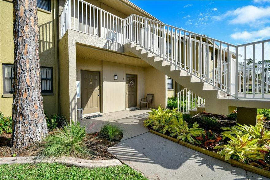 Looking for a first home or investment property? Here it is! Great First Floor condo. Building is located towards rear of community yet steps away from the Community Pool and Fitness Center. Easy walking distance to shopping and restaurants. Low maintenance fees of $165/mo. Ground floor unit means no stairs to climb when carrying groceries. Clean unit with large kitchen and plenty of cabinet space. No toll access to Ft. Myers, Ft Myers Beach, Cape Coral or Pine Island and Easy access to I-75. Nice community with community pool, tennis courts, fitness center, clubhouse, play area, BBQ area and more. NO FLOOD INSURANCE needed here which keeps HOA fees low.. One assigned parking spot plus guest parking. Newer AC and Water Heater. Opportunities like this don't last ... very low turnover in this complex of 116 units. Stack washer/dryer in unit. Call today for a private showing.