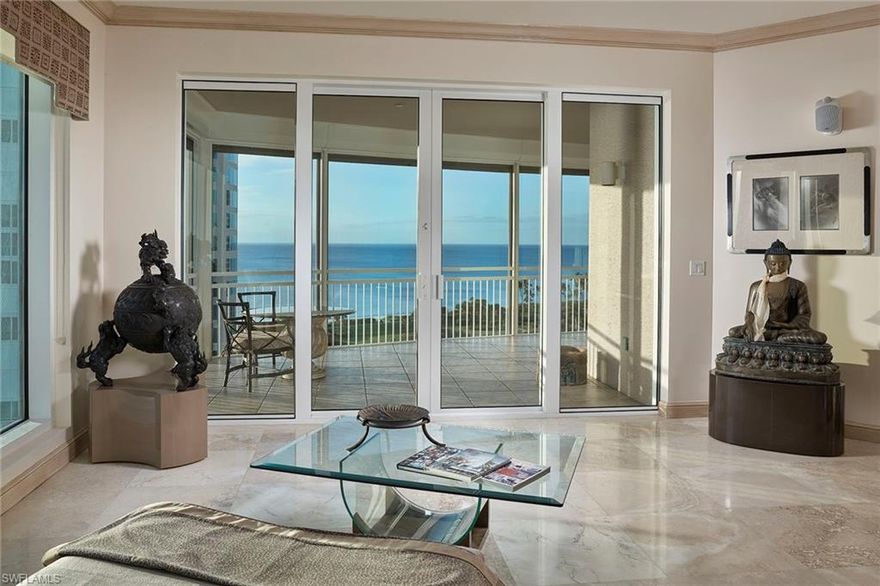 Breathtaking, southwestern views of the Gulf of Mexico greet you immediately upon entering this beautiful three-bedroom plus den residence in the prestigious Provence. Floor-to-ceiling window walls provide an abundance of natural light which streams into nearly every space. The well-designed floor plan sprawls with over 4,300 sqft and provides the perfect setting for entertaining, complete with two gracious lanais overlooking the gulf and bay. Provence allows for two pets without size restrictions and residents benefit from the many outdoor amenities including an oversized pool and spa with large deck, outdoor grilling area, tennis courts, exercise facilities, sauna, and many others. The building is conveniently located close to gourmet dining and shopping in Venetian Village, Waterside Shops and all downtown Naples has to offer. For boaters, boat slips are available for sale or lease in Venetian Bay Yacht Club.