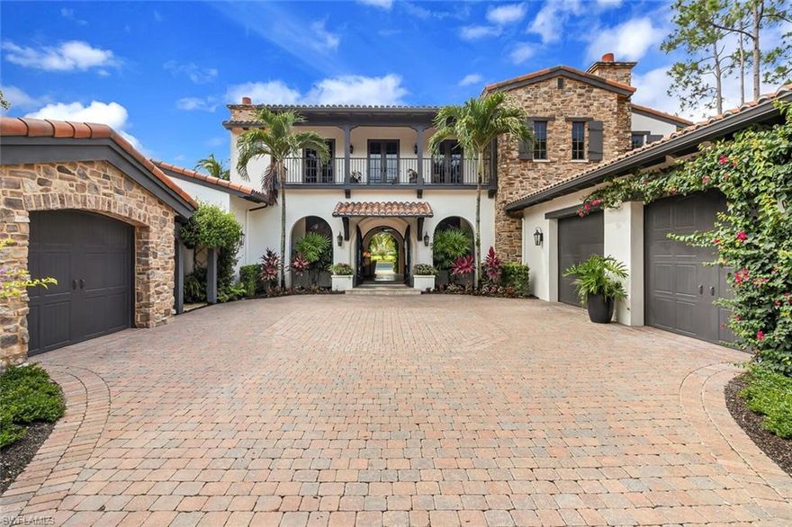 Stunning, two-story residence in luxurious Cortile in Mediterra with golf membership available. This spectacular property has unsurpassed lake and golf course views with Southern exposure. The outstanding estate features expansive outdoor living space complete with full outdoor kitchen, fireplace and resort-style pool and spa. Pocketing sliding doors allow for graceful flow from the exterior to the interior living area, which showcases high-end decor and finishes throughout, soaring ceilings, plentiful windows providing an abundance of natural light. Entertaining is a breeze with a chef's kitchen featuring top of the line appliances and walk-in pantry. The sought after residence comes complete with golf membership eligibility and is located in the award-winning community of Mediterra, featuring a private club with two world-class Tom Fazio golf courses, a private beach club, tennis, restaurant and just a short distance to Southwest Florida gorgeous white sand beaches.