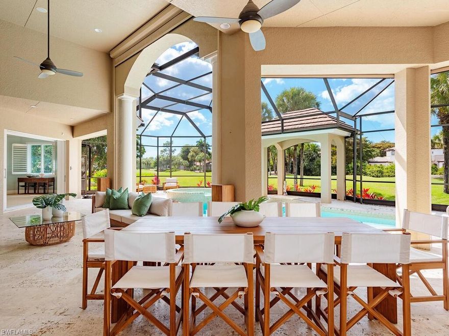 Welcome to Resort Style Living, Welcome to Grey Oaks! This luxurious estate home presents a unique opportunity to own a magnificent property situated on 2 exquisitely landscaped lots at the end of a cul-de-sac. Overlooking the 4th hole of Palm course, privacy is paramount for both guests and owners in this exceptional offering. Designed to facilitate seamless indoor and outdoor living, the main residence boasts 7,035 square feet of air-conditioned space, embodying both sophistication and outdoor leisure with its pool, spa, fountain, lanai, summer kitchen, and outdoor shower.  The interior is adorned with elegance, featuring a mahogany and glass front entry door embellished with scrolled ironwork, high tray and coffer ceilings, intricate faux finished details, arched niches, and exquisite wood and Saturnia marble flooring. The property is complete with amenities including a grand stone fireplace in the parlor, 2 offices, and wet bar, a gourmet kitchen equipped with state-of-the-art appliances, a leisure room with expansive built-in entertainment cabinetry, and a game room.  The master wing, accessed through an entry foyer, comprises a study, a gracious master bedroom with a sitting area, and a lavish bath and automated sliders that open to the expansive lanai. Two additional en-suite guest rooms are located on the first floor. Upstairs, two guest suites offer comfort, one of which includes a morning bar and an outside balcony. The property is completed with a porte-cochere entry, adding to its grandeur. The separate guest quarters features two bedrooms and two full bathrooms, inviting kitchen, and large living area.  Walk-in closets and a private elevator complete the 1,722 sqft guest oasis. The renovation completed in 2016 includes new kitchen , floors and baths , full generator, new roof, impact door and windows throughout, and garage space for 5 cars and two golf carts. This exceptional 7 bedroom home is not to be missed!
Grey Oaks Country Club is Naples one and only private club with 54 holes of golf. In addition, the club offers exclusive amenities for all, from the newly renovated wellness center to the lagoon style pool, tennis, pickle ball, bocce, restaurants, spa... the amenities are endless.