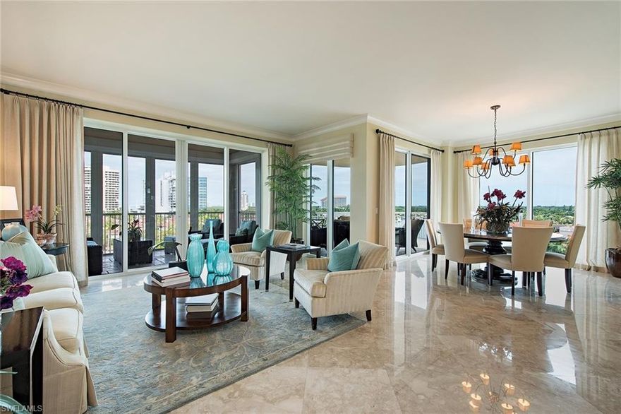 This rarely available three-bedroom, three-bath 05 residence has been designed to perfection by award winning Godfrey Design Consultants to create a tranquil living environment. Window walls surround you with views of the Gulf, the city lights and Venetian Bay. The heart of the home is the wonderfully spacious kitchen and family room which includes a fireplace and flows easily into the living room and dining room, making entertaining a pleasure. Bringing the outside in are two screened and shuttered terraces and two open terraces. The soft, sophisticated interior finishes in neutral tones serve as the perfect complement to the striking views of this mid-level 05. Aria offers the finest amenities set in a transitional contemporary décor. Two pets with no pound limit allowed.