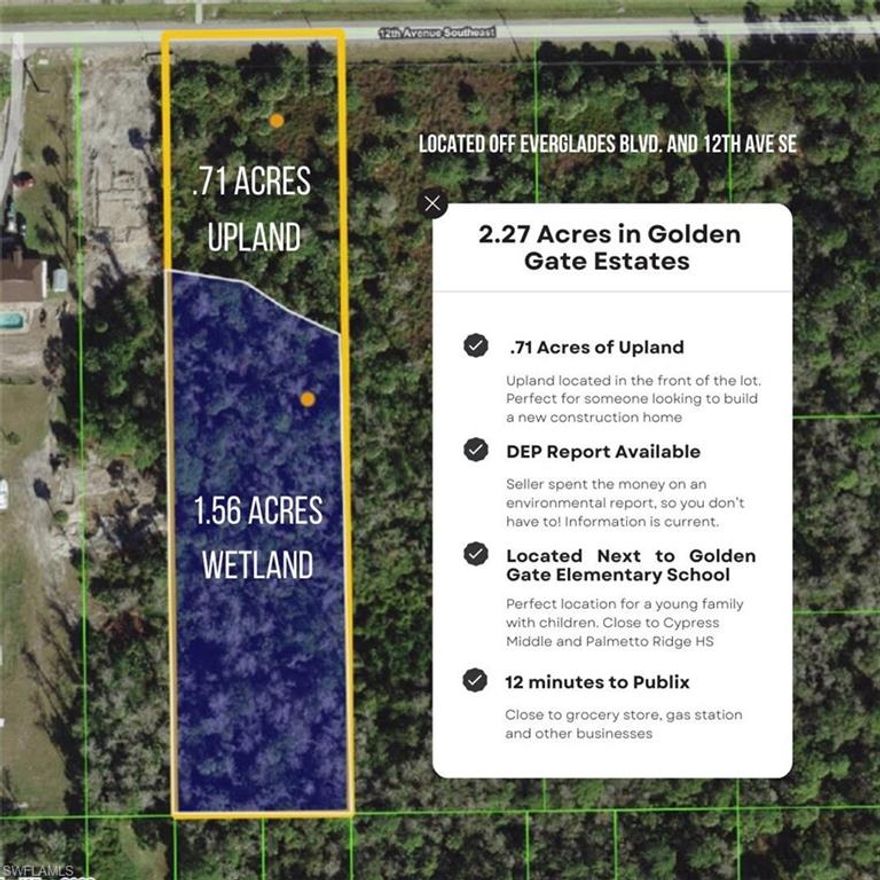 .71 Acres of UPLAND in the FRONT of the lot! Perfect for someone wanting to build a new construction home. Located next to Golden Gate Elementary and not far from Cypress Middle School & Palmetto Ridge High School. 12 minutes from the nearest Publix, gas station and other businesses. 50 minutes from the beach.  Lot does not have house numbers. For navigational purposes, use 2910 12th Ave SE to bring you to the approximate location. DEP environmental report is attached!