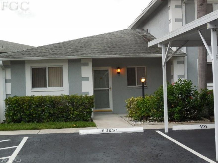 This sought after first floor end unit now available.  Feels like a villa home since there is no unit above.  Great split floor plan.  Guest Suite has pocket door for extra privacy. Equipped with all appliances including washer & dryer.  Maintenance fee very low...only $210 per month.  Fee includes water, sewer, trash removal, pest control and more.  Assigned covered parking outside front door. Extra Storage area in attic through master walk-in closet.  Heated pool.  Great garden view from screened lanai.  Summerlin Village is one of Fort Myers best kept secrets.  Extremely well maintained community in one of the best locations in S. Ft Myers.  Near beaches, shopping, schools,churches, restaurants, Health Park.  Visit this unit today.  Will not last long!