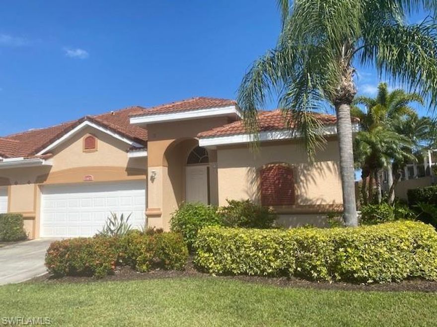 Ashford Courtyard home in upscale Bell Tower Park.  This home is all ground floor with a 2 bedroom plus den 2 baths main house and a 1 bedroom 1 bath cabana. This home is a short walk to the recreation building and pool area. Courtyard floor is under contract to resurface.  View of the lake from the master bedroom.  Bell Tower is conveniently located to the airport and beaches of Sanibel and Captiva and Ft Myers Beach.