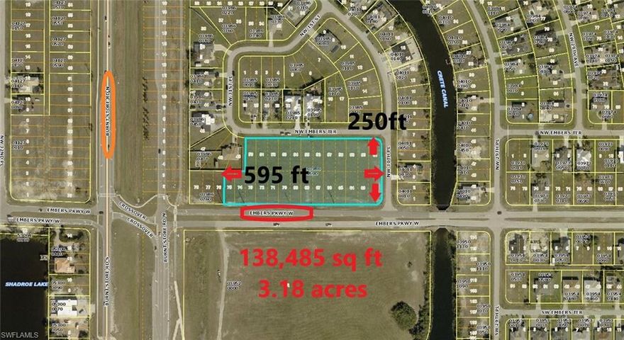 Located by the corner of Burnt Store Rd and Embers Pkwy.  Amazing Opportunity to Own a Large Commercial Parcel in Cape Coral near the 7 Islands Gulf Gateway project! One combined parcel totaling over 3 acres (138,750 sq ft). Road frontage is 1,290 of linear feet for maximum exposure. The location boasts excellent visibility, being only (one lot away) from the intersection Burnt Store Rd. A survey is available. Burnt Store Rd is exploding with growth. Get your piece the action in the Burnt Store Corridor now before they are gone!