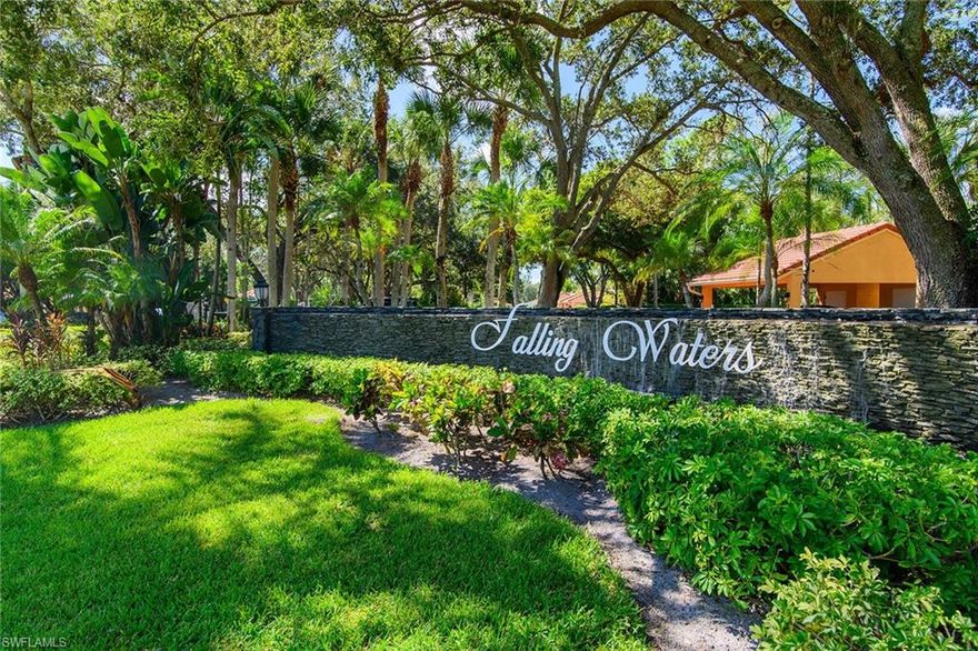 Welcome to Falling Waters, a gated, charming, resort-style oasis in Southwest Florida, where every day feels like a vacation. This vibrant community features an impressive 11,000-square-foot tropical pool - one of the largest in the region - framed by lush landscaping and shaded tiki huts. Beyond the poolside paradise, enjoy a full menu of amenities such as clay tennis courts, putting green, bocce ball, shuffleboard, horseshoes, scenic walking paths through tropical surroundings. The Clubhouse is a hub of activity, offering water aerobics, library, kitchen, bingo, mahjong, poker, dance floor and gatherings.  Ideal location, just minutes from Naples sandy beaches, exceptional shopping, renowned dining plus easy access to groceries, hospitals and churches. Let's talk about the condominium, enter this immaculate, fully furnished, turnkey, second-floor unit with an open-concept layout, abundant natural light, white kitchen with breakfast nook boasting a large window, spacious great room with dining area. The primary suite with en-suite bath and walk-in closet, guest bedroom with full bath, separate laundry room, extra cabinetry and much-loved laundry tub. Detached one-car garage with plenty of extra storage. Pet-friendly and low HOA fees. Many updated items, call for details. Updates to unit include freshly painted, washer/dryer, dishwasher, refrigerator, air-conditioning unit, water heater, sofa and loveseat, flooring in both bedrooms, and tiled lanai.