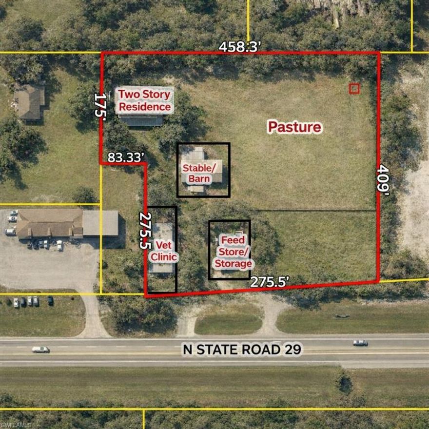 This versatile property spans over 4+/- acres and is thoughtfully divided to support both business and residential use. The commercial portion includes three office/clinic buildings, two of which are connected by a kennel area, providing flexibility for veterinary services or conversion to other business types. The site is already zoned for convenience commercial use with a future land use of commercial, making it an attractive option for entrepreneurs needing space, accessibility, and exposure. In addition to the commercial facilities, the property features a 2+/- acre improved site, along with a separate ½-acre parcel that includes a spacious 3,150 sq. ft. two-story residence. Built in 2001, the home offers 3 bedrooms and 4 bathrooms, frame construction, and a durable metal galvalume roof-ideal for an owner-operator seeking the convenience of living on-site. 
Equestrian or agricultural capabilities are already in place with 2+/- acres of fenced pasture, complete with chutes and an arena area enhanced by LED lighting. Several pole barns, sheds, and accessory structures provide additional storage and utility. Nestled among beautiful native oak trees, this property captures the charm of Old Florida while delivering modern commercial potential. LaBelle continues to grow as a desirable bedroom community to Fort Myers, making this a strategic investment with strong upside. With its prime location, established clientele, and flexible layout, this property is well­positioned for continued success-whether maintained as a veterinary clinic or reimagined for another commercial use. 
Please note: all structures will require TLC, offering the opportunity to customize and add value. 
Also available is an additional 4+/- acre residential tract featuring a CBS home and outbuildings-ideal for expansion, rental income, or extended family use.