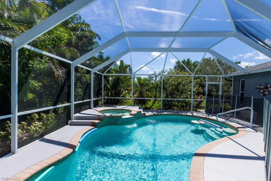 This property sits on 3 lots and is a well kept 3BD/2BA Pool & Spa home centrally located to both an elementary and high school.  The screened in pool area has been professionally landscaped with tropical plants to provide extra privacy while enjoying your outdoor living space and the  over sized yard has been impeccably maintained.  The sliding glass doors overlooking the beautiful landscaped pool area are encased which will give you the feeling of indoor/outdoor living combined. The master bath boasts an enormous tiled shower.  The guest bath has a door that leads to the pool area. There is also a fenced in dog run area for your pets and misters in the garden area.The AC is newer as is the water heater.  Some furniture, art and equipment are negotiable.  There is a generator and Weber BBQ that can be negotiable. The alarm system and smoke detectors are hard wired to the Fire Dept and Police Dept-just need a contract with ADT to activate.  Appliances do not convey. Minimum 60 days to close.