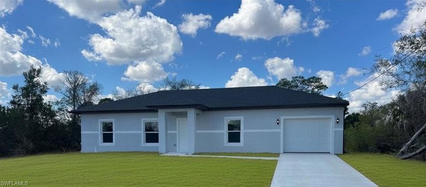 Discover a brand-new, move-in ready single-family home in Cape Coral offering an open-concept floor plan with abundant natural light from large windows. This three-bedroom, two-bath residence features a primary bedroom with a roomy walk-in closet and an ensuite that includes dual vanities and a large tiled shower. The modern kitchen is appointed with granite countertops, wood shaker cabinets, a pantry, plenty of storage, and a full appliance package. Beautiful tile flooring runs throughout the home, complemented by contemporary lighting and fixtures. Additional highlights include storm protection impact windows, a covered rear lanai, washer/dryer hook-up in the oversized one-car garage, and a spacious guest bath with tiled floors and shower. Pet friendly and ideally located in Cape Coral Photos may not be of actual unit- for marketing purposes only.