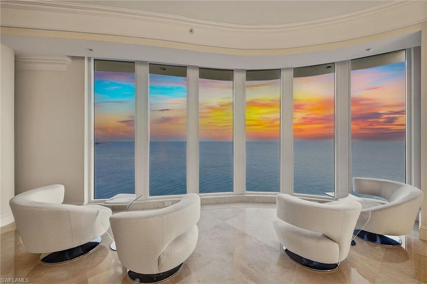 The epitome of luxury living with 360-degree views of Marco Island and the Gulf. Experience an extraordinary lifestyle in this one-of-a-kind penthouse crowning the top floor of the prestigious Belize at Cape Marco. Encompassing half the entire building, this never-lived-in residence offers an unparalleled 13,528 square feet under air (16,893 total square feet) of sophistication and architectural excellence, all surrounded by jaw-dropping panoramic views of the Gulf of Mexico, Ten Thousand Islands and Marco Island’s pristine beaches. Enter through your private elevator into a grand foyer adorned with alabaster, granite and Crema Marfil marble inlays, setting the tone for the opulence that awaits. The grand salon, with its soaring ceilings and walls of glass, invites endless light and captures the most breathtaking sunsets imaginable. A magnificent floor-to-ceiling marble, alabaster and glass tile fireplace serves as a dramatic focal point, elevating the space to world-class elegance. The formal dining area is nothing short of spectacular, featuring seating for up to 24 guests surrounded by floor-to-ceiling windows framing sweeping Gulf views, the ideal setting for elegant entertaining. The chef’s kitchen, complete with a butler’s pantry and spacious family room, all open to the western horizon, where vivid sunsets paint the sky each evening. This remarkable residence features six en-suite bedrooms, six full and two half baths, a private office, media room, library, and staff quarters, each opening to one of six expansive terraces that showcase commanding 25th-floor views of sea and sky. The primary suite is a sanctuary of indulgence, featuring a cedar-lined walk-in closet, private sauna and an oversized terrace with a gazebo. The primary suite captivates with mesmerizing sunset views and a private rooftop terrace, boasting a spacious media room, ideal as a luxurious retreat or ultimate man cave. Every element of this residence reflects impeccable craftsmanship and uncompromising attention to detail. A private, air-conditioned two-car garage and access to world-class Cape Marco amenities, including a beachfront pool, fitness center, tennis and 24-hour security, complete this incomparable offering. A masterpiece beyond compare, this penthouse redefines luxury coastal living.