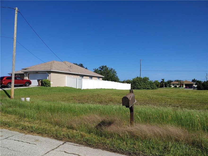 Great lot in a growing area of Northwest Cape Coral.  Ready to go for building the home of your dreams.
There are plenty of places to shop nearby which include Walmart, Kohls, Famous Footwear, and much more.  Mariner High School, Mariner Middle School, and Christa McAuliffe Elementary are all close. Most homes in this area of the Cape are less than 10 years old.

Seller also has 6 more lots for sale in the same general area.  A deal for all 7 lots would be considered.
101 NW 10th St. - $12,000
700 El Dorado Blvd. N - $22,000
1132 N@ 6th St. - $12,000
128 El Dorado Blvd N - $16,500
14 NW 31st Place - $23,000
26 Nelson Rd S - $20,000