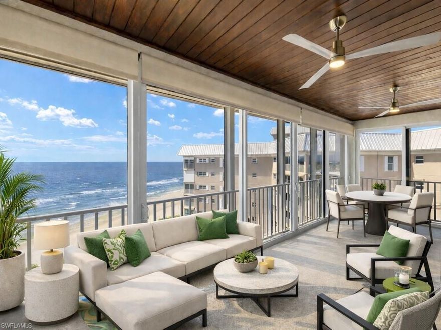 Wake up to breathtaking sunrises and enjoy a toast while watching spectacular sunsets over the Gulf, followed by the sparkling lights of Naples at night. This exceptional penthouse offers 3 bedrooms, 3.5 bathrooms, and over 2,800 square feet of casually elegant living space that has been thoughtfully redesigned for today’s modern lifestyle. This fully custom renovation was completed by the renowned Borelli Construction of Naples. A welcoming foyer opens to a stunning open-concept living space designed to capture expansive Gulf and bay views. The home features gorgeous light oak wide-plank hardwood floors imported from Italy, reclaimed barnwood columns and doors, and beautifully curated finishes throughout. The spacious living and dining areas include a stylish wet bar, perfect for entertaining. The true chef’s eat-in kitchen features custom shaker cabinetry, Sub-Zero refrigerator, Sub-Zero column wine refrigerator, ice maker, Bosch cooktop, oven and dishwasher, honed quartz countertops, and a generous breakfast bar. The luxurious primary suite is a private retreat with sweeping Gulf views and direct access to the lanai. It features a walk-in closet with custom built-ins and a spa-like bathroom with an oversized walk-in shower, dual vanities, and serene Gulf views. The desirable split floor plan places the two guest suites on the opposite side of the residence, each offering spacious bedrooms, walk-in closets, and en-suite bathrooms. Additional highlights include two brand-new air conditioning systems, a full-size laundry room with abundant storage, and a chic powder room with reclaimed wood double doors. The large enclosed lanai provides the perfect setting to enjoy morning coffee while gazing at the Gulf or evening cocktails at sunset. The residence also includes an oversized one-car carport and additional storage. Residents enjoy a beautifully redesigned lobby with a full-time desk receptionist and outstanding amenities, including a sunset deck overlooking the beach and Gulf, a club room ideal for entertaining, two built-in outdoor kitchens with Viking grills, a fitness center, pool, and convenient bike and gear storage. No expense was spared in this exceptional custom renovation, showcasing meticulous attention to detail and the highest quality materials and craftsmanship. Ideally located with easy access to Venetian Village, Waterside Shops, and downtown Naples—renowned worldwide for its fine dining, shopping, and vibrant coastal lifestyle.